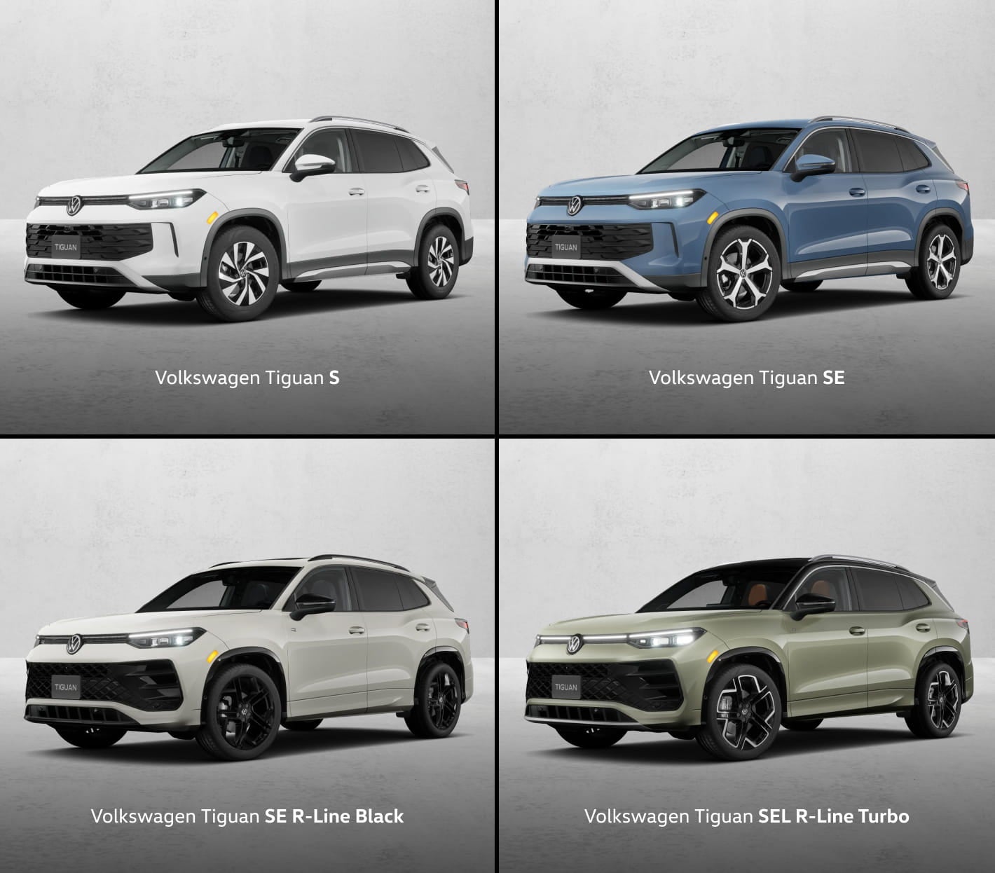Four-panel image showing the Volkswagen Tiguan S, SE, SE R-Line Black, and SEL R-Line Turbo in front three-quarter views against a studio background.