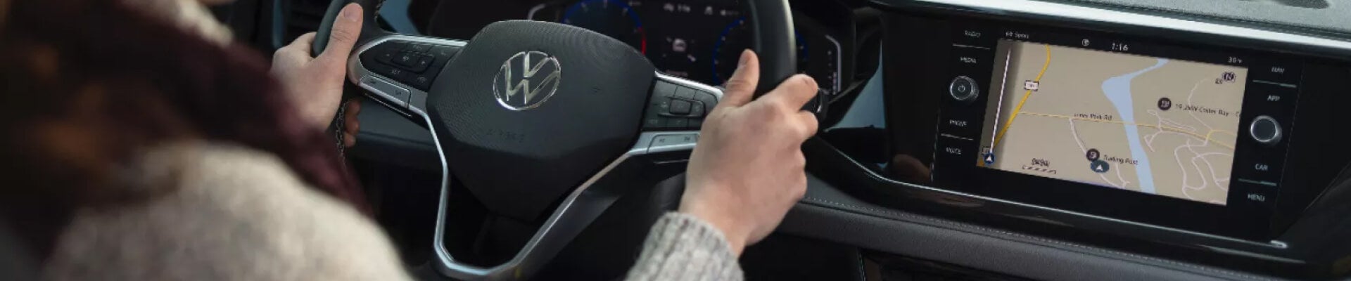 Close-up of Volkswagen steering wheel and dashboard