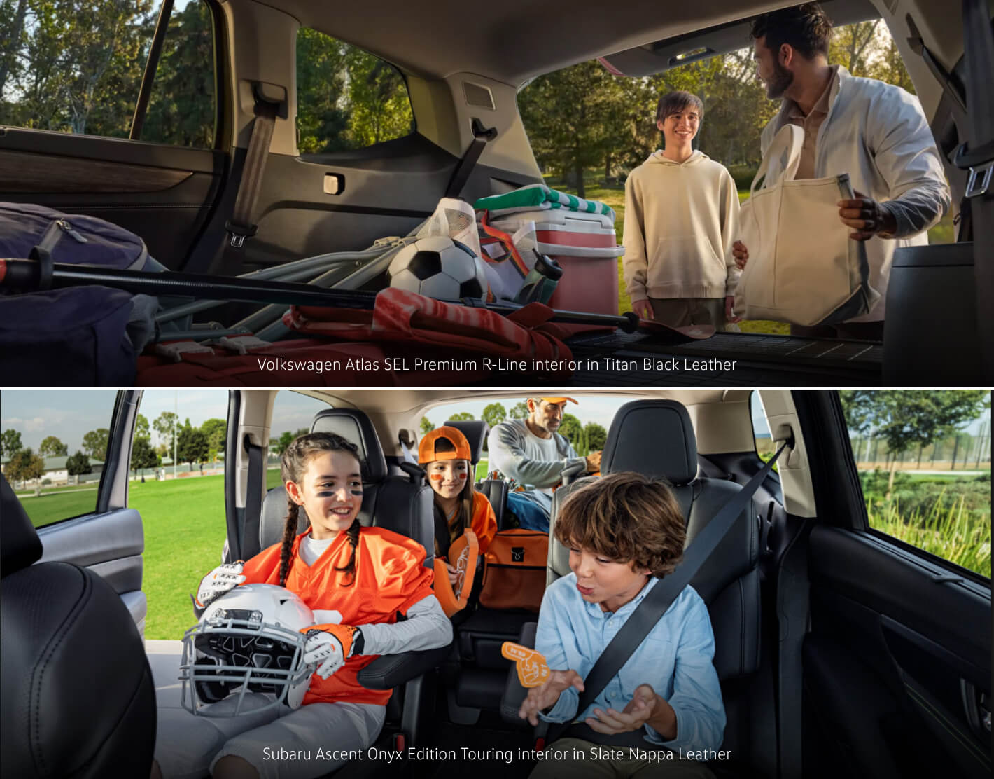 Volkswagen Atlas SEL Premium R-Line interior in Titan Black Leather showing open cargo area displaying sports gear in a park. Subaru Ascent Onyx Edition Touring interior in Slate Nappa Leather showing three rows displaying children in sports gear.