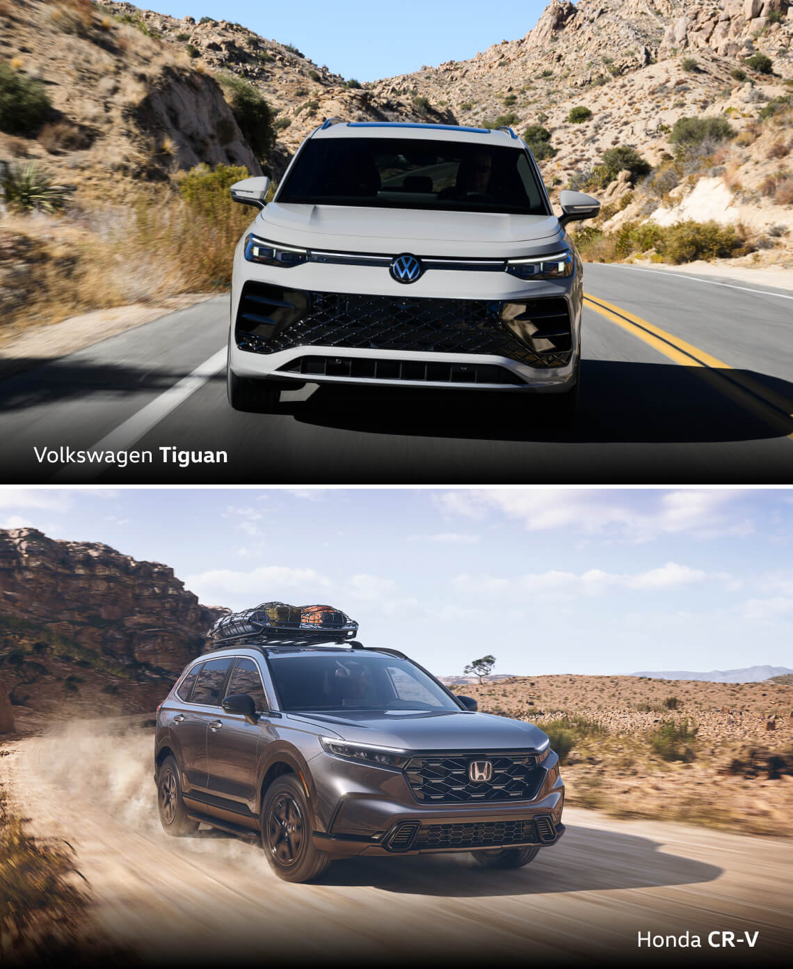 Volkswagen Tiguan vs. Honda CR-V Compared in a desert setting