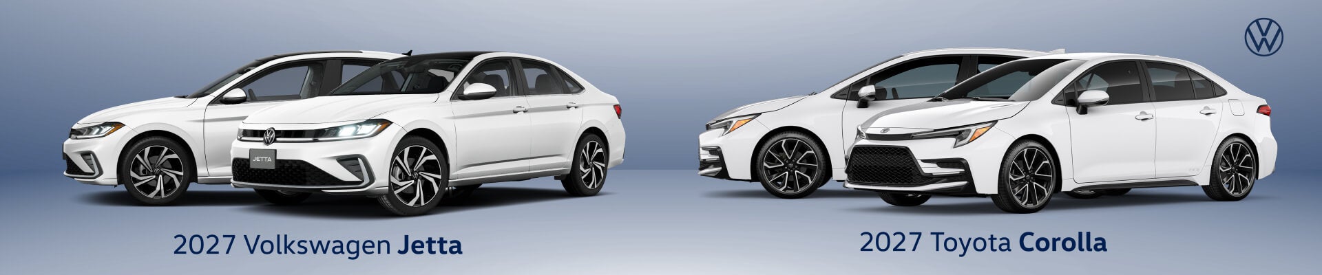 Front three-quarter and side view of white Volkswagen Jetta SEL and Toyota Corolla SE on light blue background.