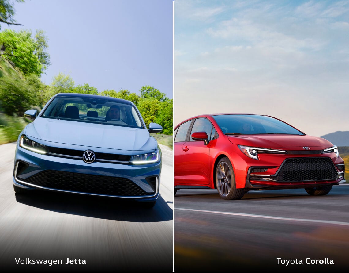 Front view split comparison of light blue Volkswagen Jetta SEL and red Toyota Corolla on outdoor roads.