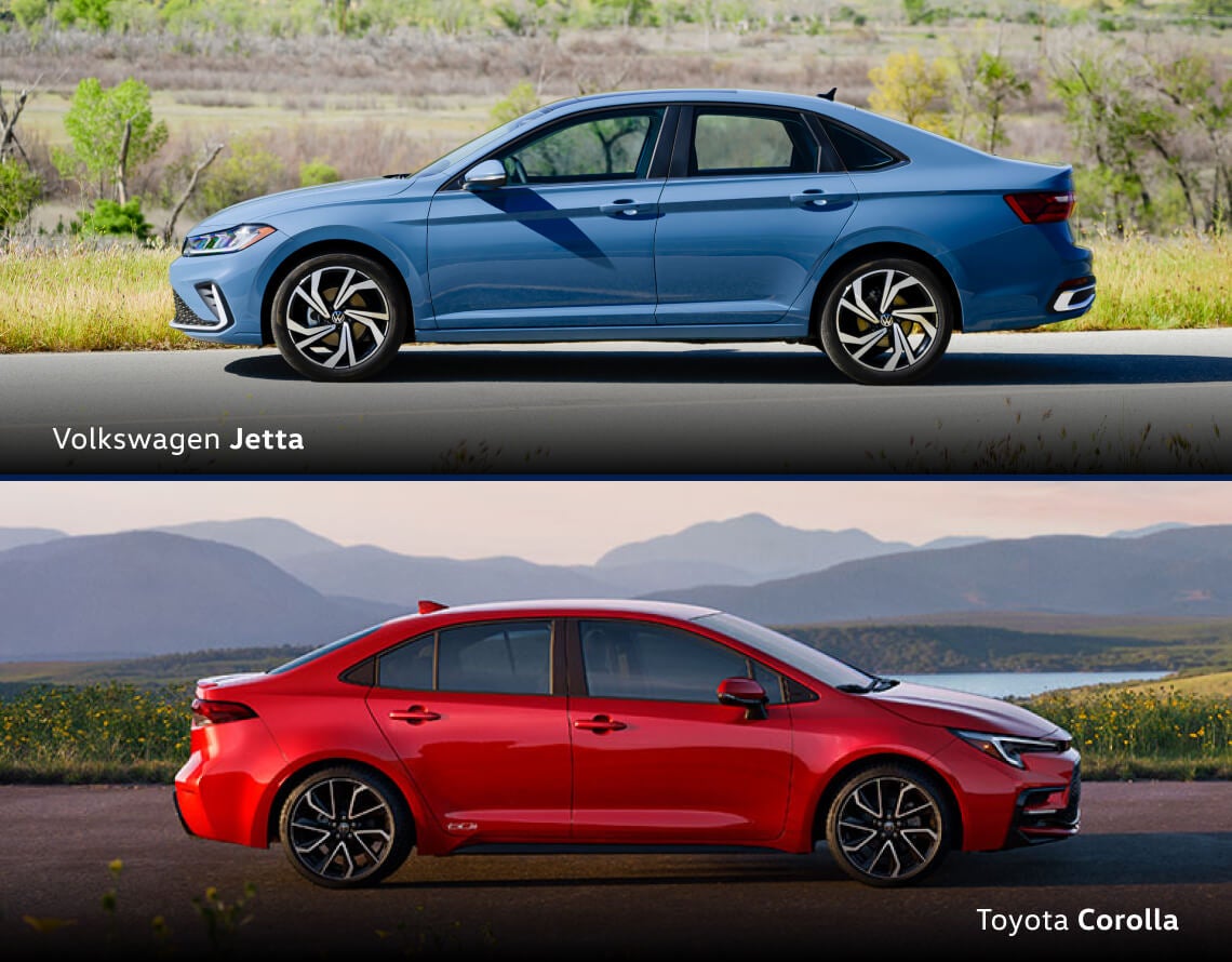 Front view split comparison of light blue Volkswagen Jetta SEL and red Toyota Corolla on outdoor roads.
