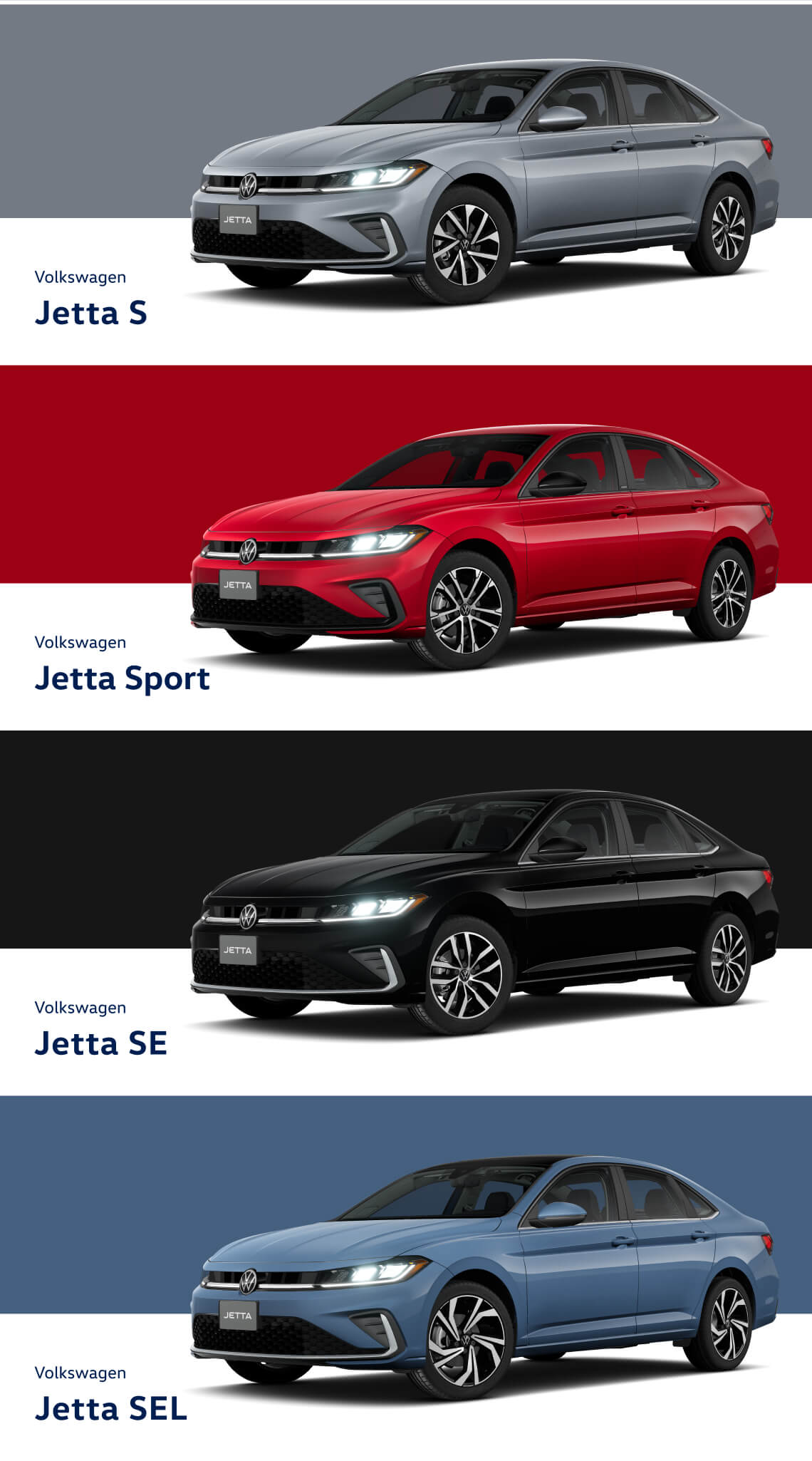 Front three-quarter views of Volkswagen Jetta S, Sport, SE, and SEL trims in various colors.