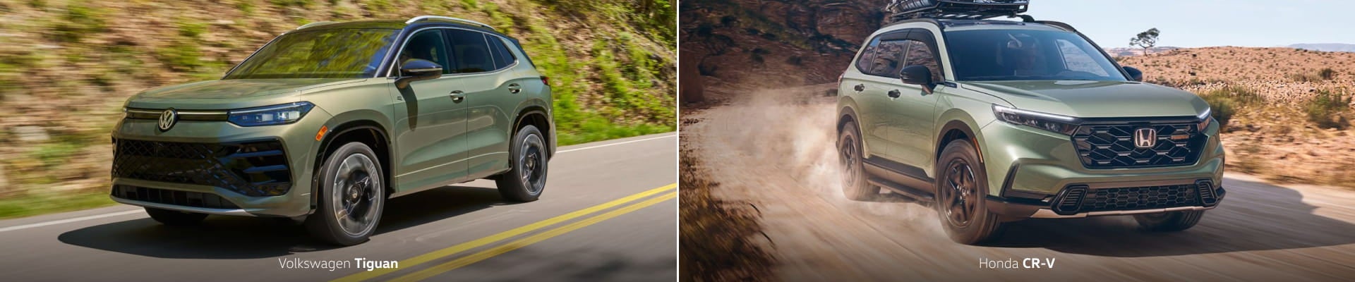 Split image showing a green Volkswagen Tiguan driving on a paved road on the left and a green Honda CR-V driving on a dusty trail on the right.